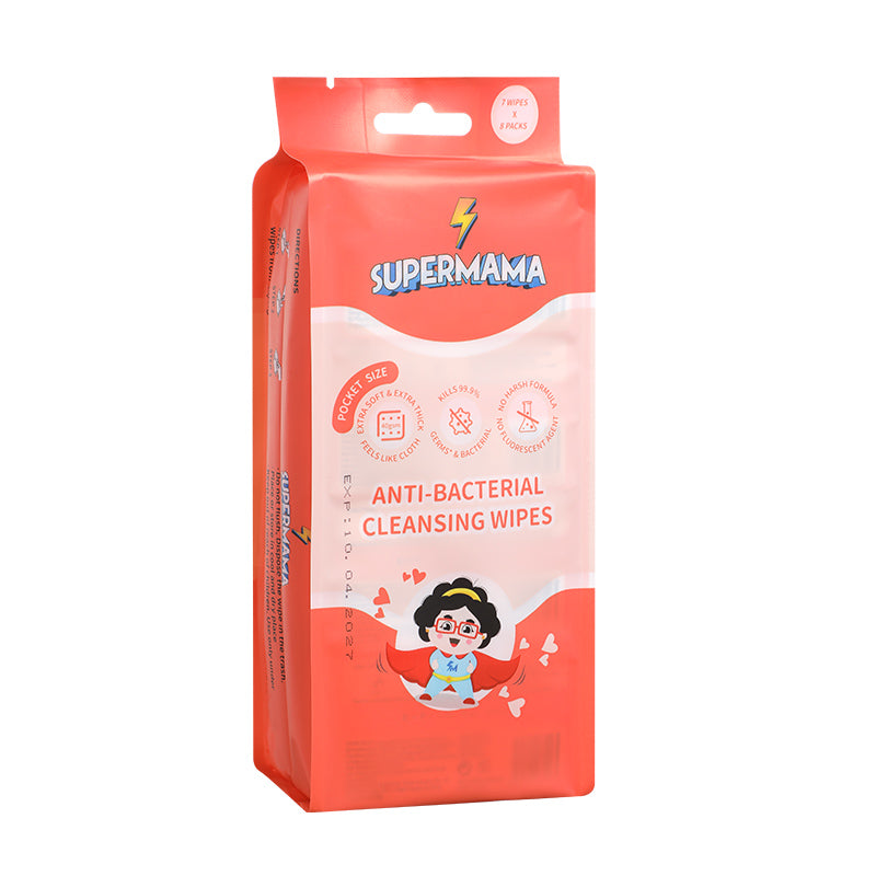 Supermama 100% Plant-Based Anti-bacterial Mini Wet Wipes - 8 Packs x 7 Sheets - Apple Scent