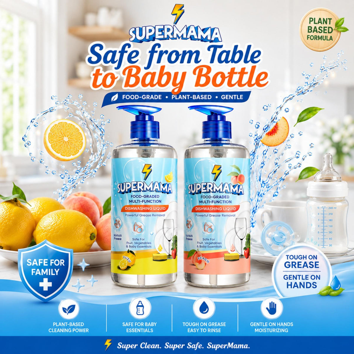 Supermama Food-Grade Dishwashing Liquid 500ml – Safe for Baby Bottles, Fruits & Vegetables (Yuzu / Peach)