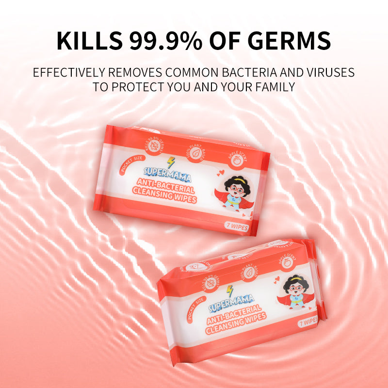 Supermama 100% Plant-Based Anti-bacterial Mini Wet Wipes - 8 Packs x 7 Sheets - Apple Scent