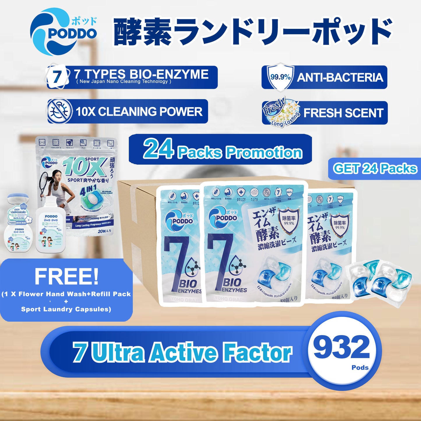 Poddo 7 Active Functions 4in1 Extra Power Bio Enzyme Laundry Capsules Refill Pack 38 Pods - Kyoho Grape - Poddo