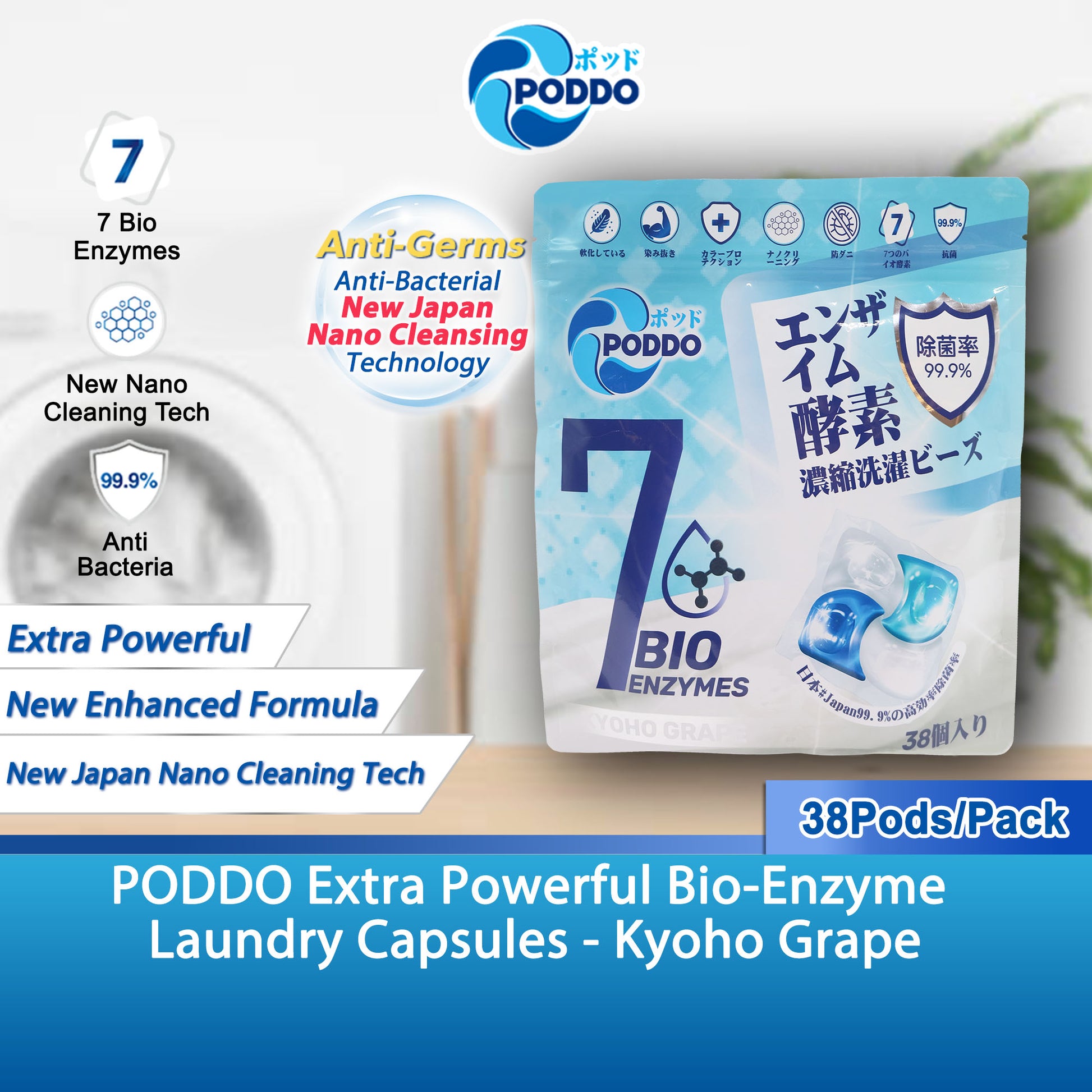 Poddo 7 Active Functions 4in1 Extra Power Bio Enzyme Laundry Capsules Refill Pack 38 Pods - Kyoho Grape - Poddo