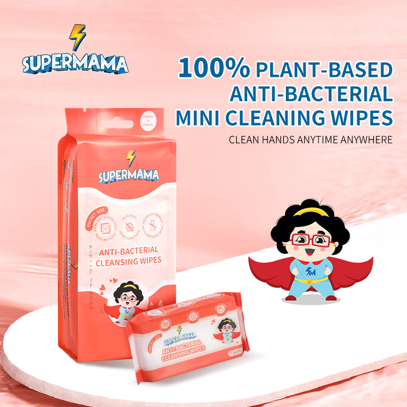 Supermama 100% Plant-Based Anti-bacterial Mini Wet Wipes - 8 Packs x 7 Sheets - Apple Scent