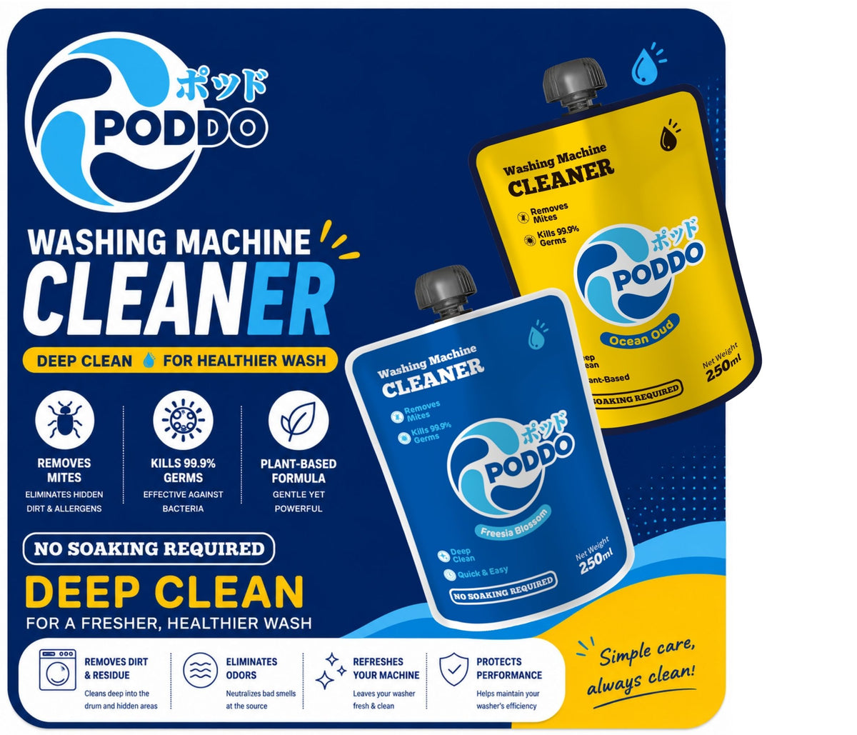 Poddo washing machine cleaner 250ml with plant-based formula, no soaking required