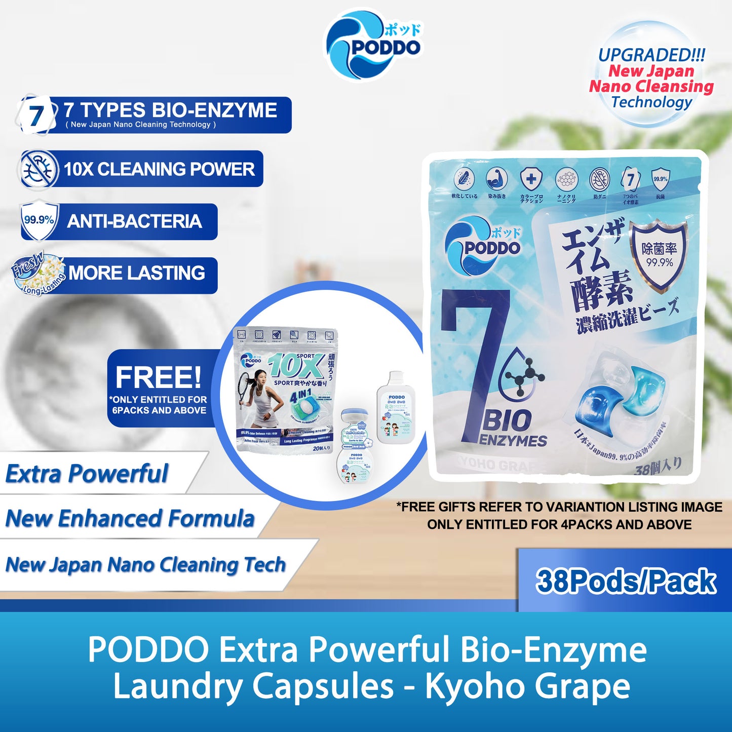 Poddo 7 Active Functions 4in1 Extra Power Bio Enzyme Laundry Capsules Refill Pack 38 Pods - Kyoho Grape - Poddo