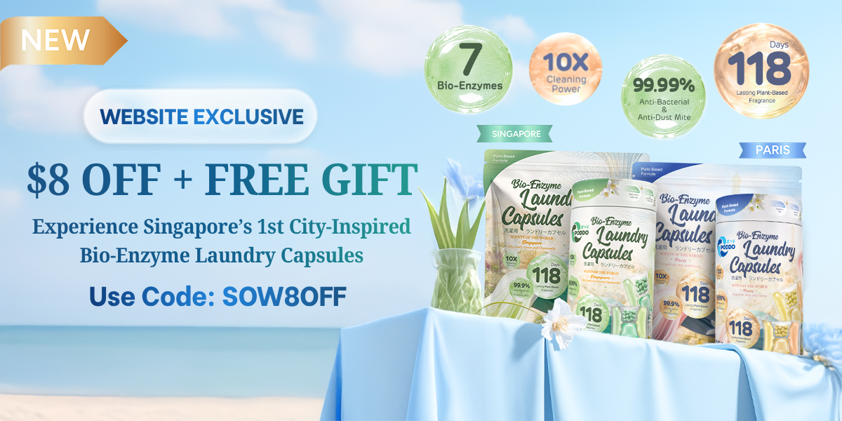 Bio-Enzyme Laundry Capsules with promotional text and discount offer on a blue background