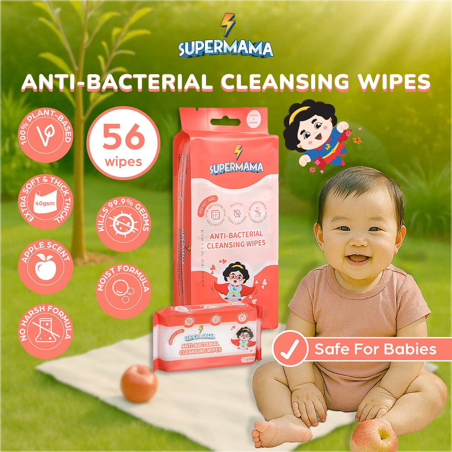 Supermama 100% Plant-Based Anti-bacterial Mini Wet Wipes - 8 Packs x 7 Sheets - Apple Scent